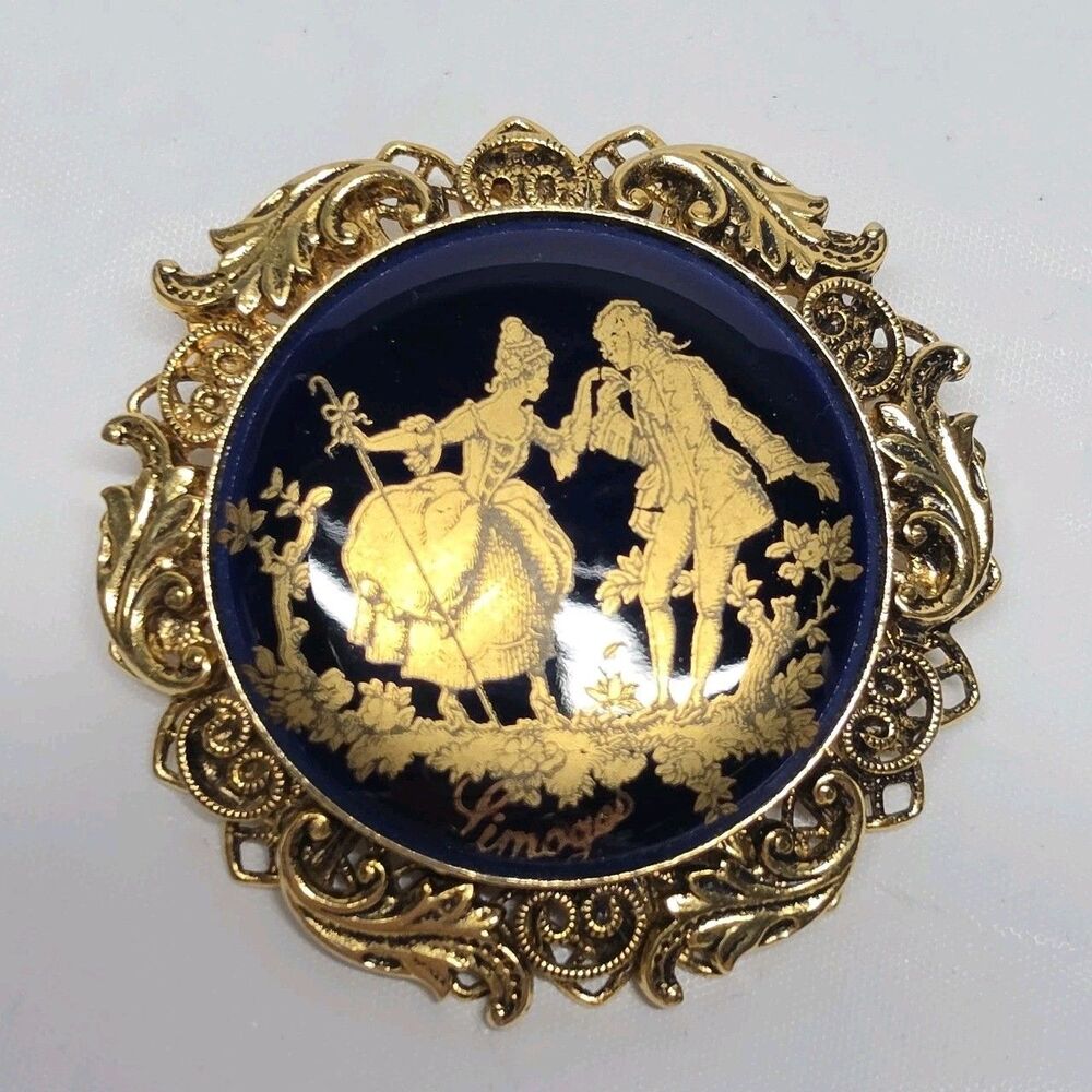 Vintage Limoges France Courting Couple Cobalt Royal Blue Porcelain Brooch Pin